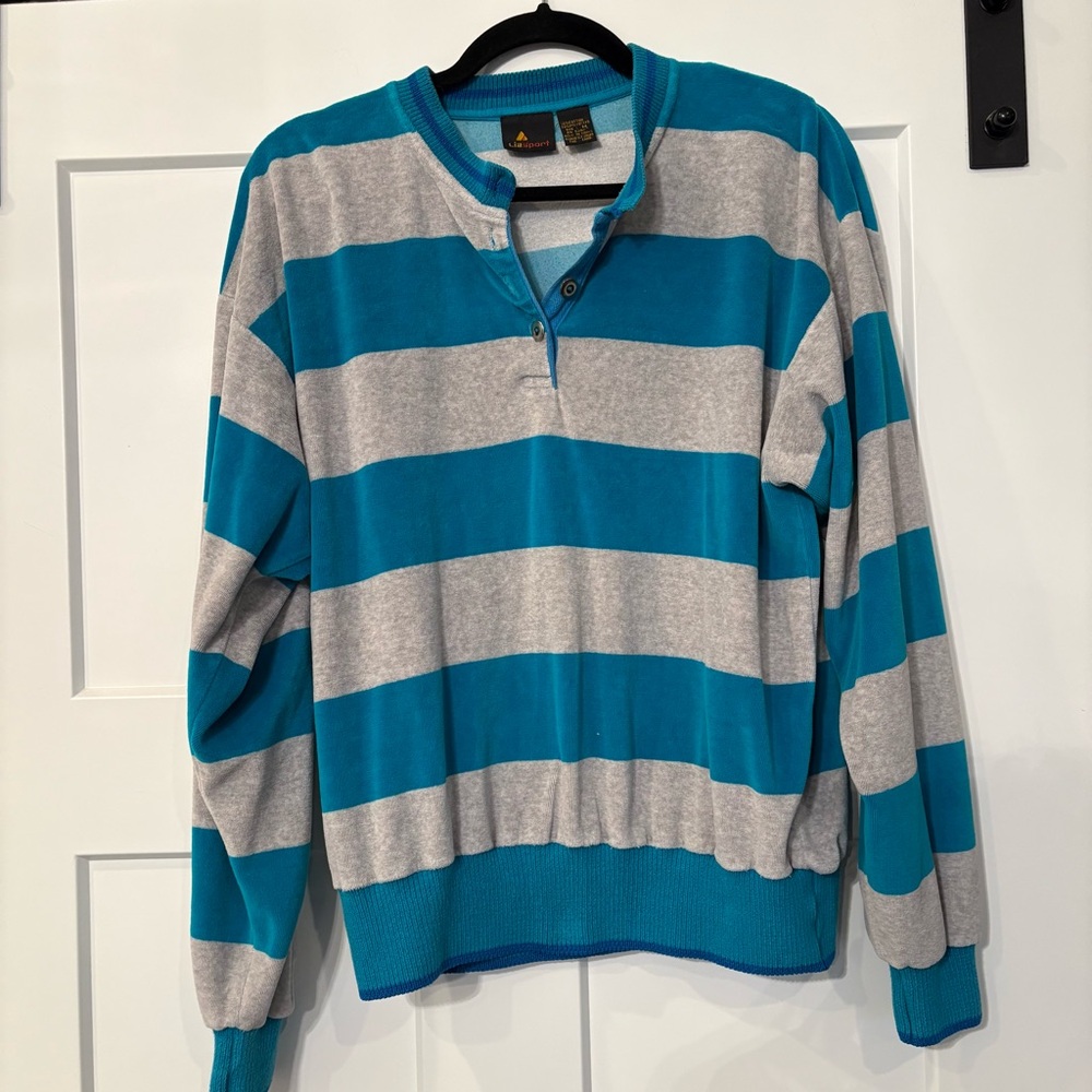 Vintage LIZ CLAIBORNE LizSport Velour Sweatshirt Henley Blue Stripes Size Medium